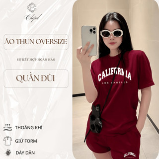 Bộ Áo Phông Nữ Chepol Form Rộng, In Chữ, Cổ Tròn, Phối Quần Đùi, Chất Cotton ( Áo Thun Đỏ Đô + Quần Đùi Đỏ Đô )-CP_22733