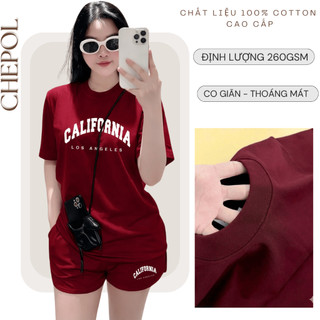 Bộ Áo Phông Nữ Chepol Form Rộng, In Chữ, Cổ Tròn, Phối Quần Đùi, Chất Cotton ( Áo Thun Đỏ Đô + Quần Đùi Đỏ Đô )-CP_22733