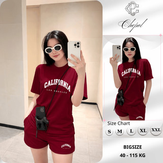 Bộ Áo Phông Nữ Chepol Form Rộng, In Chữ, Cổ Tròn, Phối Quần Đùi, Chất Cotton ( Áo Thun Đỏ Đô + Quần Đùi Đỏ Đô )-CP_22733