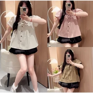 Sét Áo Kiểu Babydoll Thắt Nơ Xinh Xắn, Áo Sơ Mi Cổ Sen Đính Cúc Nâu Tiểu thư Nhẹ Nhàng Phong Cách Hàn Quốc