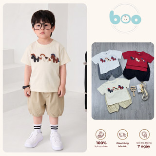Bộ Quần Áo Bé Trai Mùa Hè Cổ Tròn Thêu Họa Tiết Ngựa Con Chất Thun Cotton Mềm Mại Thoáng Mát, Quần Bo Cực CChấT - MH18