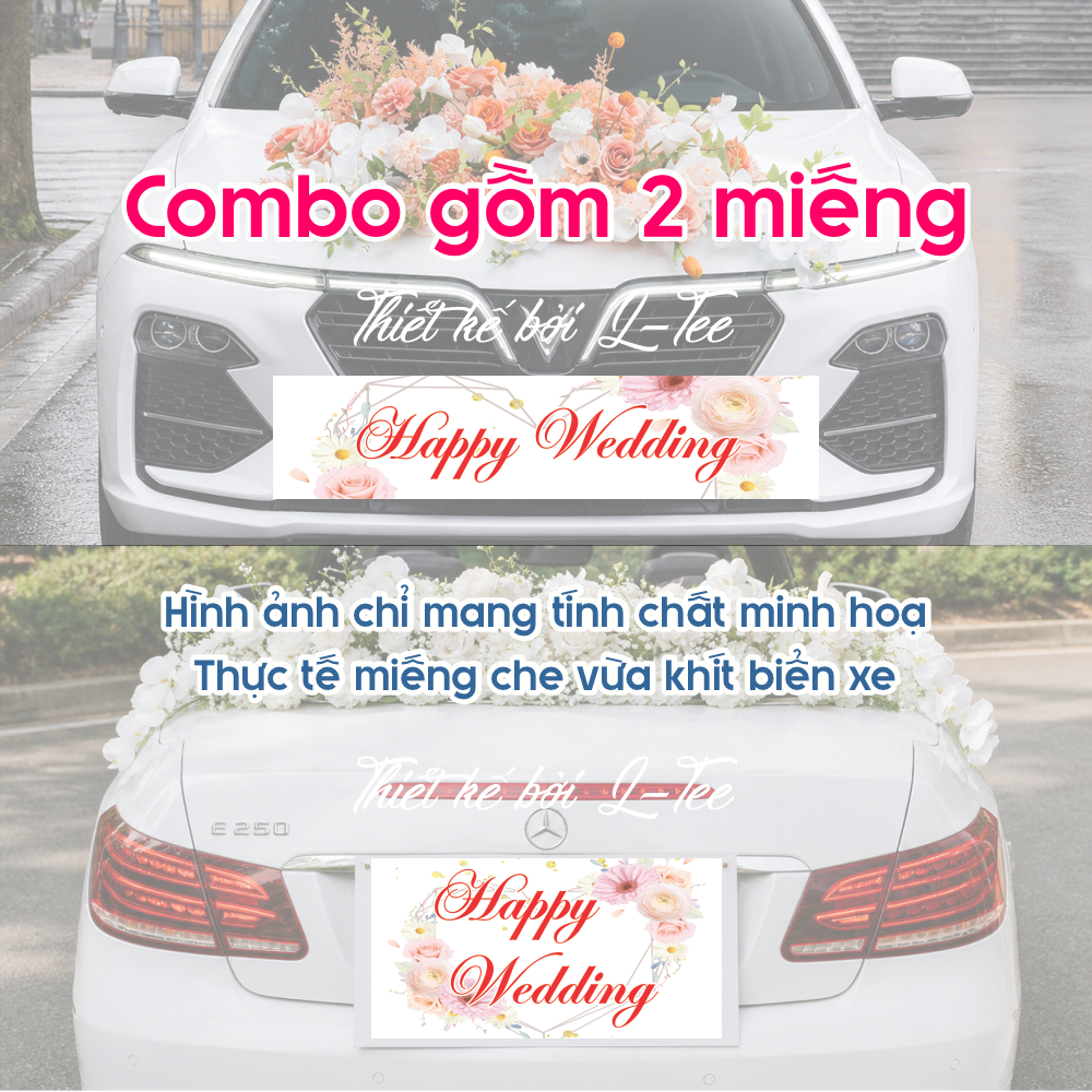 Decal che biển số xe hoa đám cưới - Happy Wedding