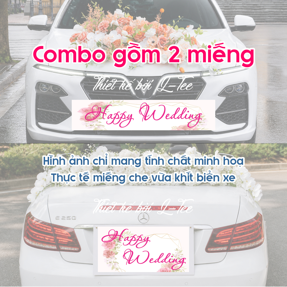 Decal che biển số xe hoa đám cưới - Happy Wedding