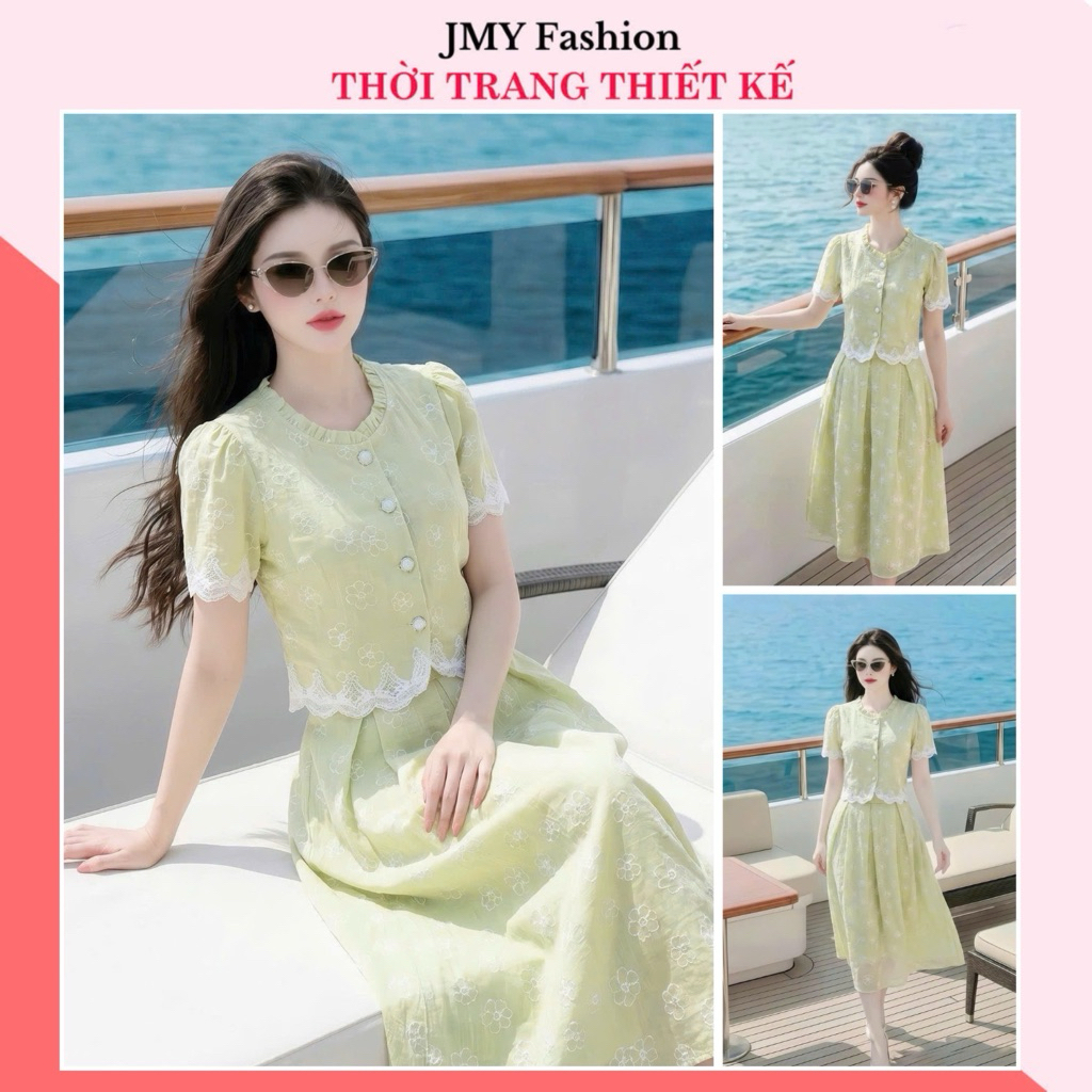 (HOẢ TỐC) DS8133 Váy xanh xòe hoa thêu viền ren cổ bèo nữ tính