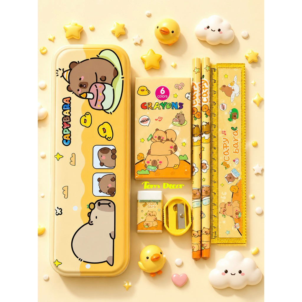 BỘ DỤNG CỤ HỌC TẬP, BỘ QUÀ TẶNG HỌC TẬP 7 MÓN CHO BÉ KÈM HỘP QUÀ CAO CẤP HOẠ TIẾT HOẠT HÌNH