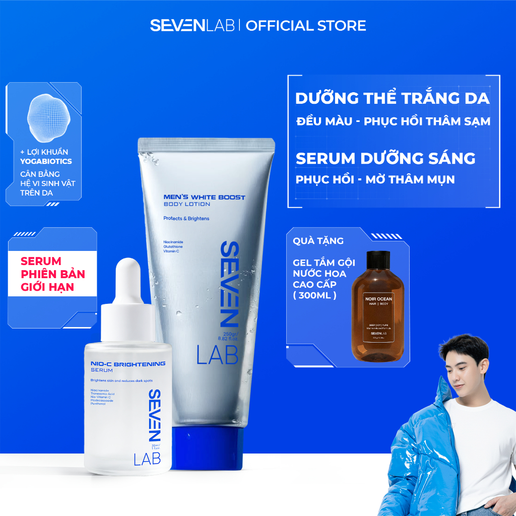 Combo sữa dưỡng thể và serum trắng da nam giới Nio-VitaminC SEVENLAB hỗ ...