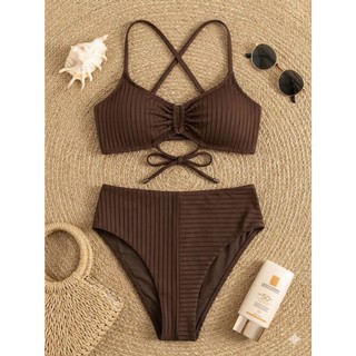 Set bơi 2 mảnh, bikini đi biển nhiều màu thiết kế gân sọc nổi bật, áo dây buộc sẵn đệm ngực hàng VNXK