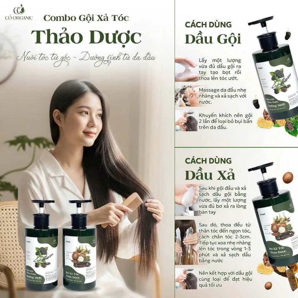 Bộ Dầu Gội Bơ Xả Thảo Dược Dưỡng Sinh Cỏ Organic 300ML Lưu Thông Tuần Hoàn Máu Ngăn Rụng Tóc tặng 1 mặt nạ dưỡng da
