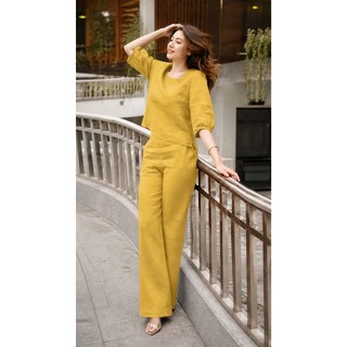 D60 - Bộ Đũi Nữ Tay Lỡ Cổ Tròn – Set Áo Nút & Quần Suông Thanh Lịch.