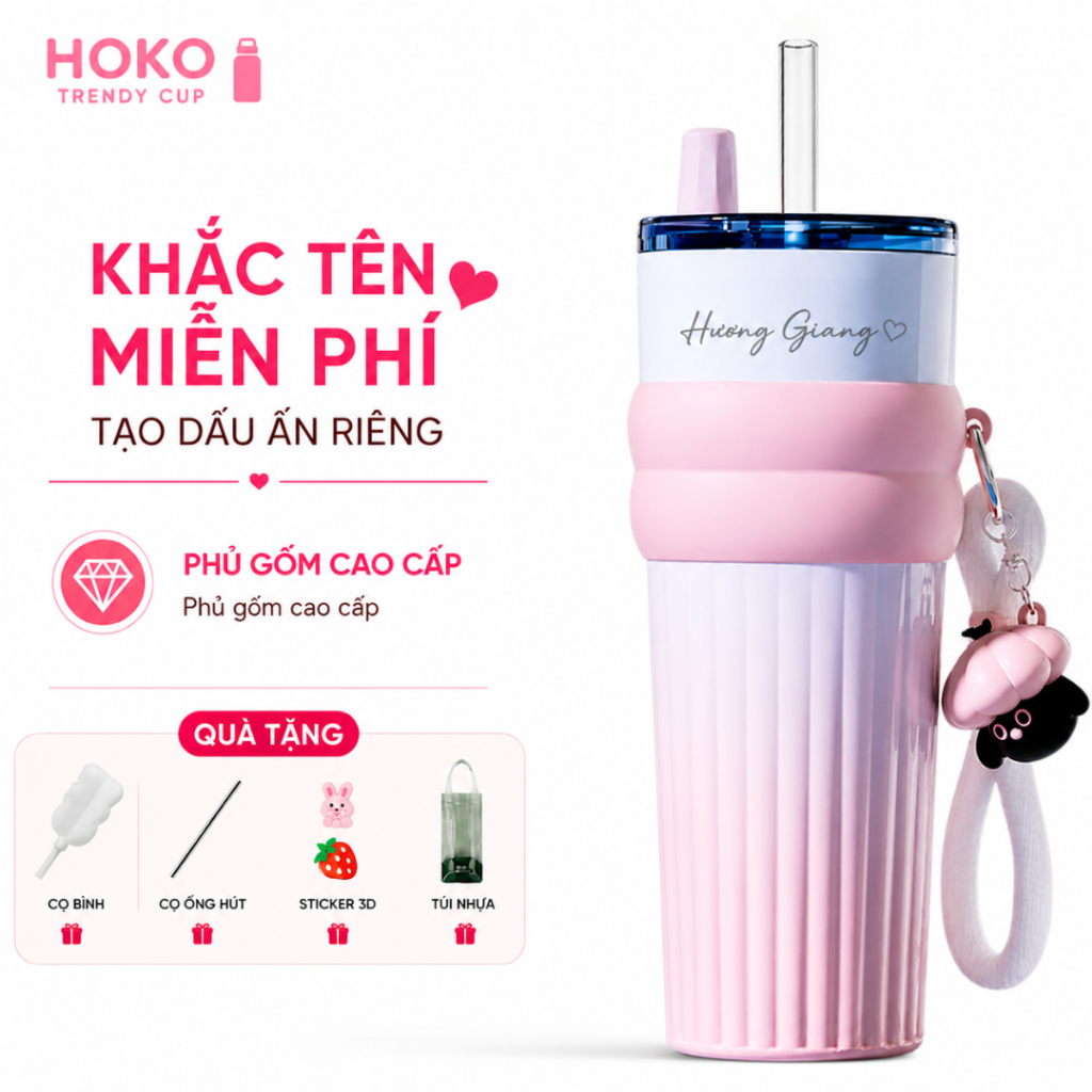 Bình giữ nhiệt Fun phủ gốm ống hút thủy tinh 700ml giữ nhiệt nóng lạnh miễn phí khắc tên