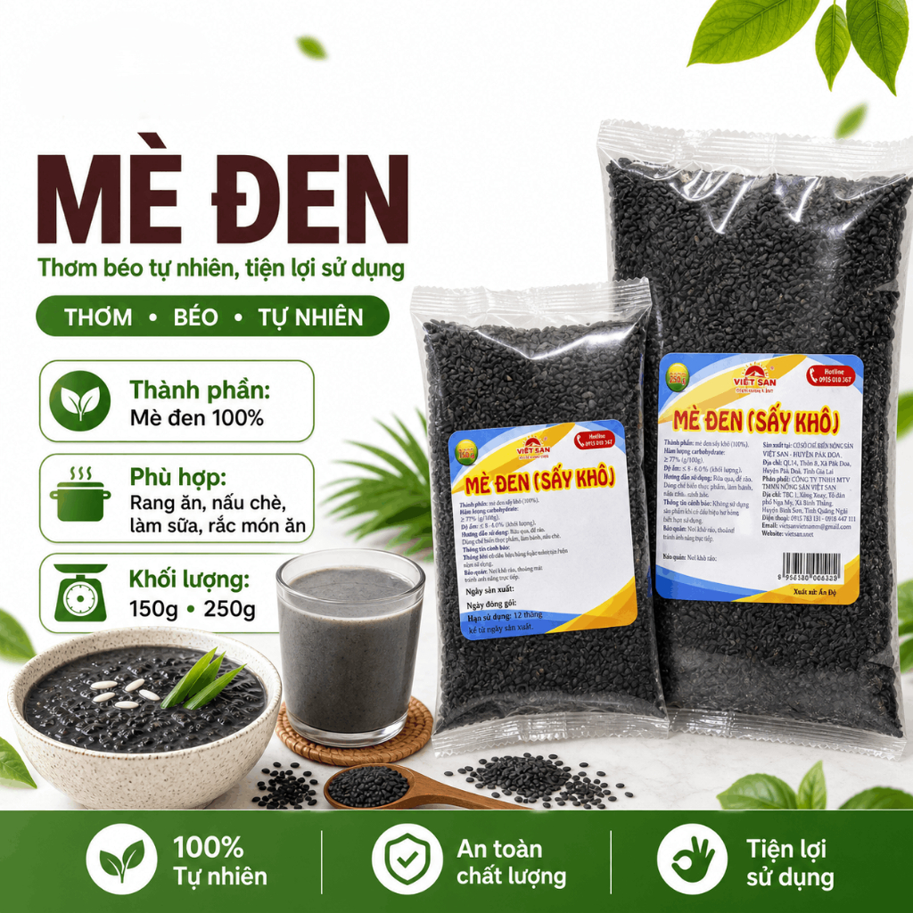 Mè Đen Việt San (Vừng Đen) Gói 150/250G - Hạt Sạch Nguyên Bản Giàu Dinh Dưỡng Làm Muối Mè Nấu Chè