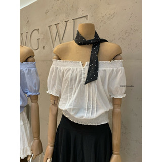 𝐏𝐡𝐢𝐞𝐧 𝐖𝐆𝐖𝐄 | w9679 Áo Trễ Vai Kẻ Đồng Màu Bo Chun Tay Ngắn Bồng Nhẹ