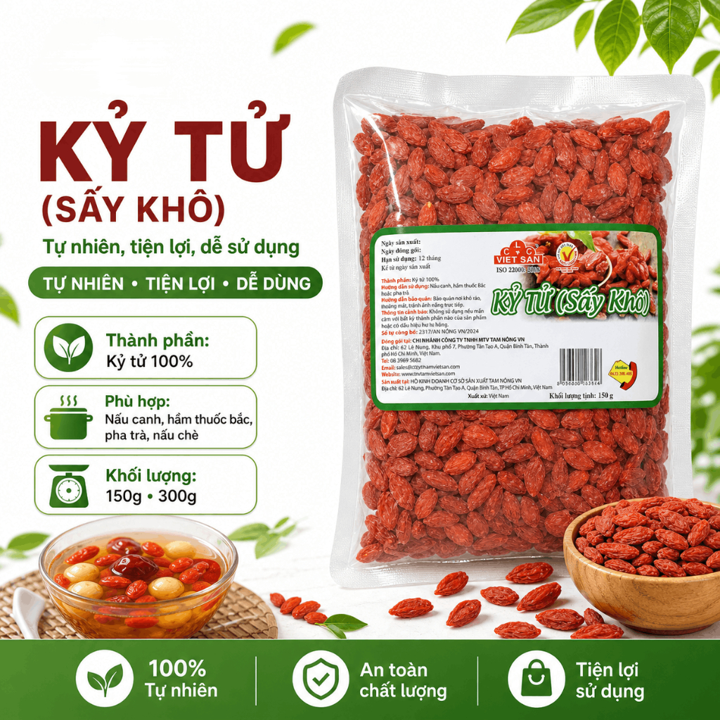 Kỷ Tử Đỏ Việt San 150g - Kỷ Tử Khô Hạt To Mọng Sấy Khô Tự Nhiên Bồi Bổ Sức Khỏe