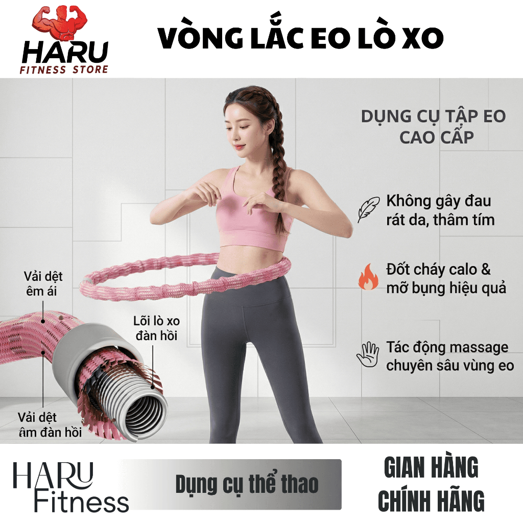 Vòng Lắc Eo Lò Xo HARU Bọc Vải Dệt Cao Cấp 1.5kg 2kg 2.5kg - Không Đau Rát, Đốt Mỡ Bụng Nhanh, Eo Thon HR83