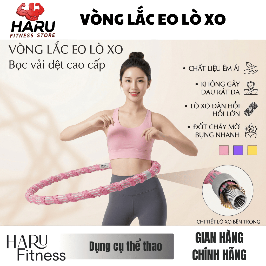 Vòng Lắc Eo Lò Xo HARU Bọc Vải Dệt Cao Cấp 1.5kg 2kg 2.5kg - Không Đau Rát, Đốt Mỡ Bụng Nhanh, Eo Thon HR83