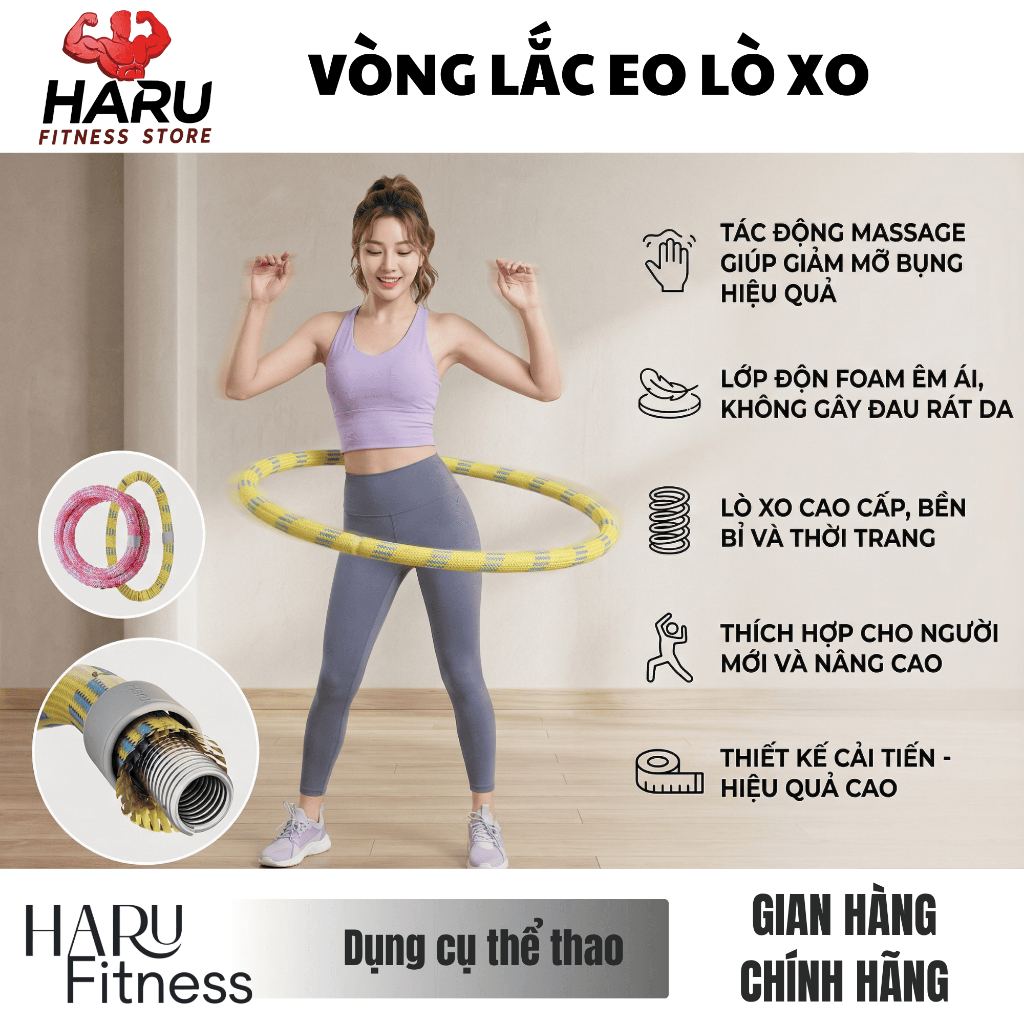 Vòng Lắc Eo Lò Xo HARU Bọc Vải Dệt Cao Cấp 1.5kg 2kg 2.5kg - Không Đau Rát, Đốt Mỡ Bụng Nhanh, Eo Thon HR83