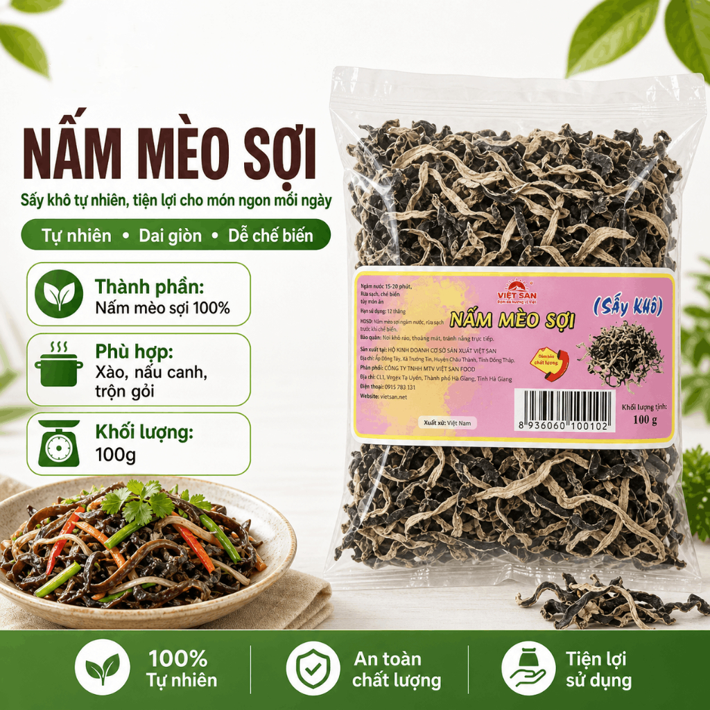 Nấm Mèo Đen Cắt Sợi Việt San 100g - Mộc Nhĩ Khô Nấu Canh Xào Sạch Tiện Lợi, Giòn Dai Tự Nhiên