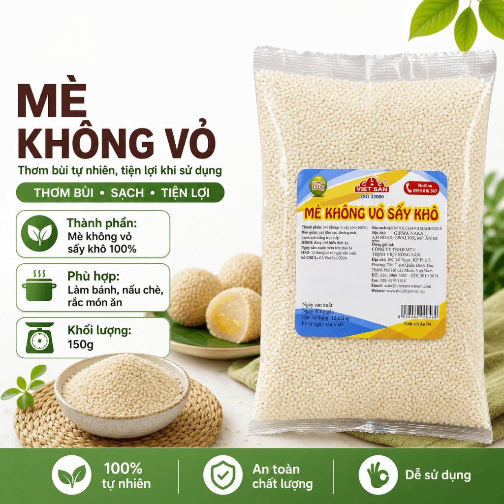 Mè Trắng Không Vỏ Việt San 150g - Hạt Mè Trắng Làm Bánh Nấu Chè Làm Muối Mè Dinh Dưỡng