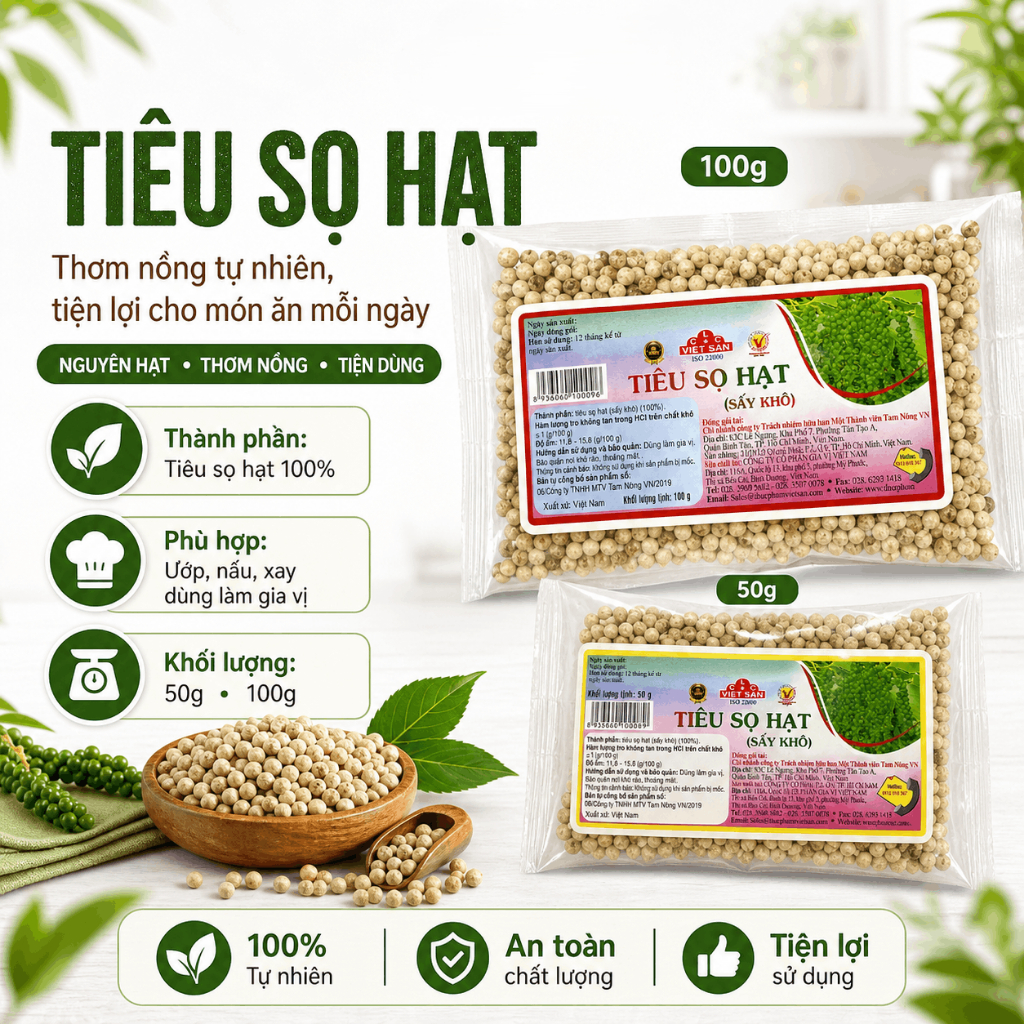 Tiêu Đen Hạt Việt San 50g/100g - Hạt To Chắc Nguyên Chất Thơm Nồng Cay Tê Loại 1