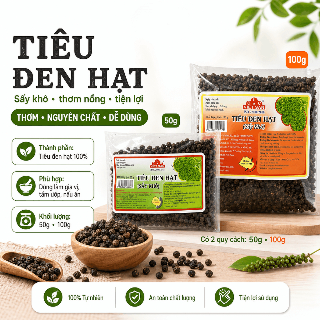 Tiêu Đen Hạt Việt San 50g/100g - Hạt To Chắc Nguyên Chất Thơm Nồng Cay Tê Loại 1