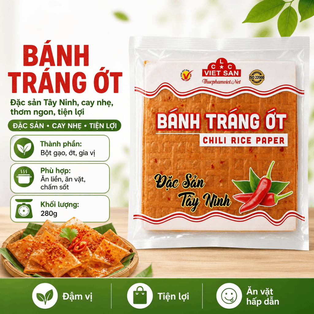 Bánh Tráng Ớt Tây Ninh Việt San Gói 280g - Vị Cay Nồng Dẻo Thơm Ăn Vặt Ngon