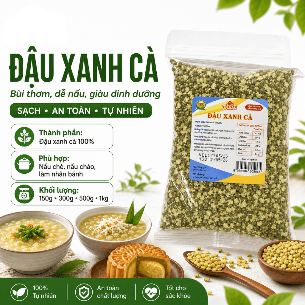 Đậu Xanh Cà Việt San 150g/300g/500g - Hạt Vàng Chắc, Dẻo Mịn Chuyên Làm Nhân Bánh, Nấu Chè