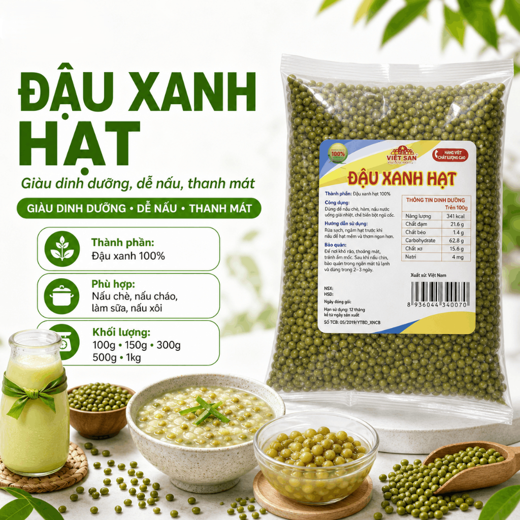 Đậu Xanh Nguyên Hạt Việt San 150g/300g/500g - Hạt To Đều Sạch, Thanh Nhiệt Giải Độc