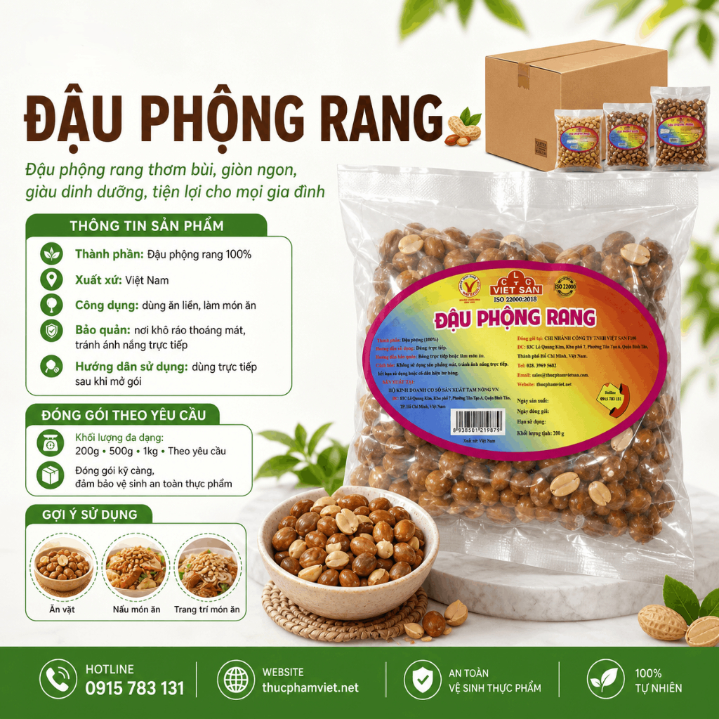 Lạc Rang Húng Lìu Việt San 200g - Đậu Phộng Rang Giòn - Hạt To, Giòn Tan, Thơm Nức
