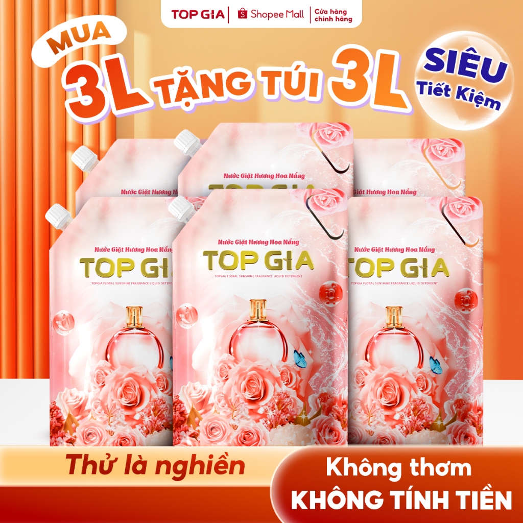 [MUA 3 TẶNG 3] Nước Giặt TopGia Hương Hoa Nắng Dịu Nhẹ, Sạch Vết Bẩn, Lưu Hương 72H, Túi 1L