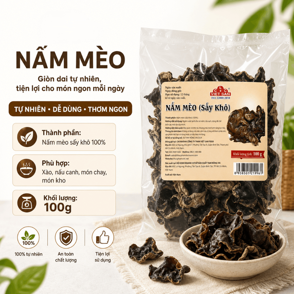 Nấm Mèo Đen Nguyên Tai Việt San 100g - Cánh Dày, Giòn Dai, Sạch Tiện Lợi - Mộc Nhĩ Khô Nấu Canh Xào