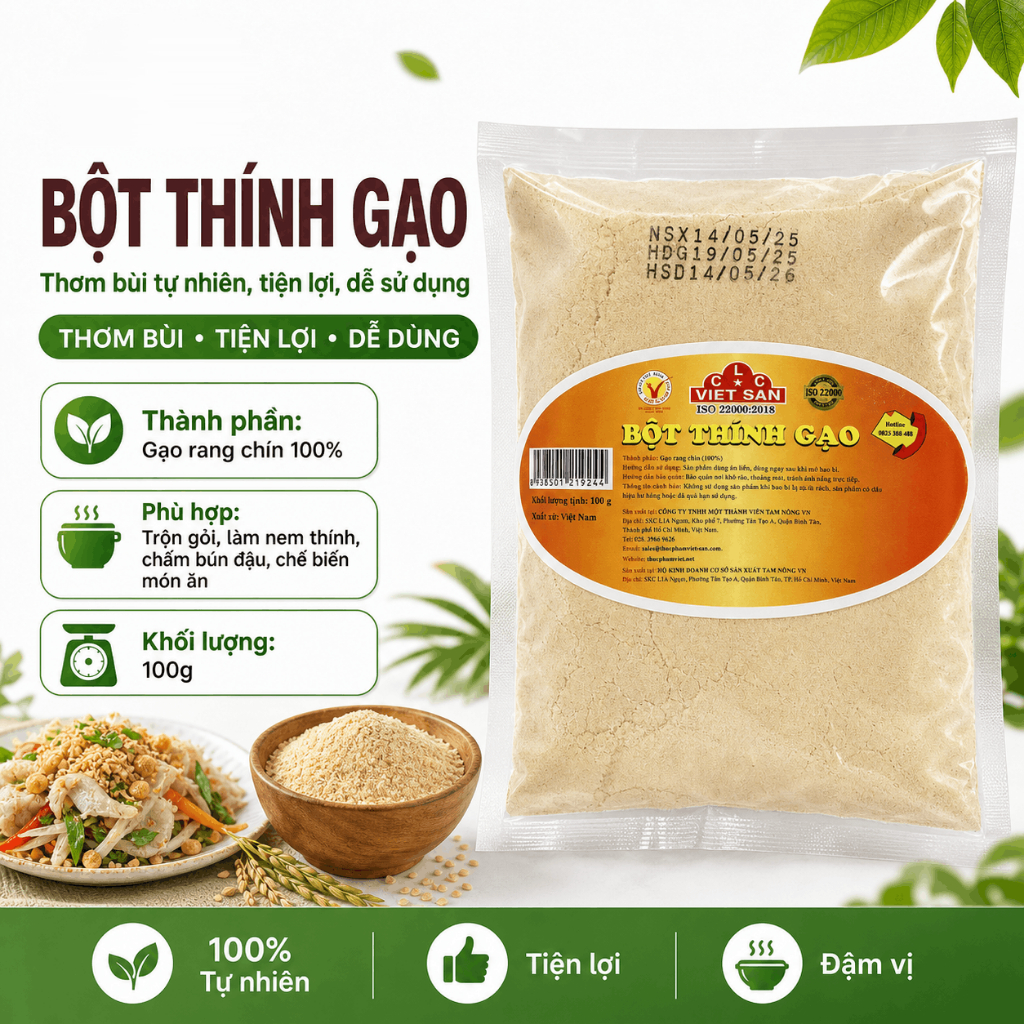 Bột Thính Gạo Việt San 100g - Thính Gạo Rang Xay Mịn Làm Nem Thính Gỏi Bún Đậu Thơm Ngon
