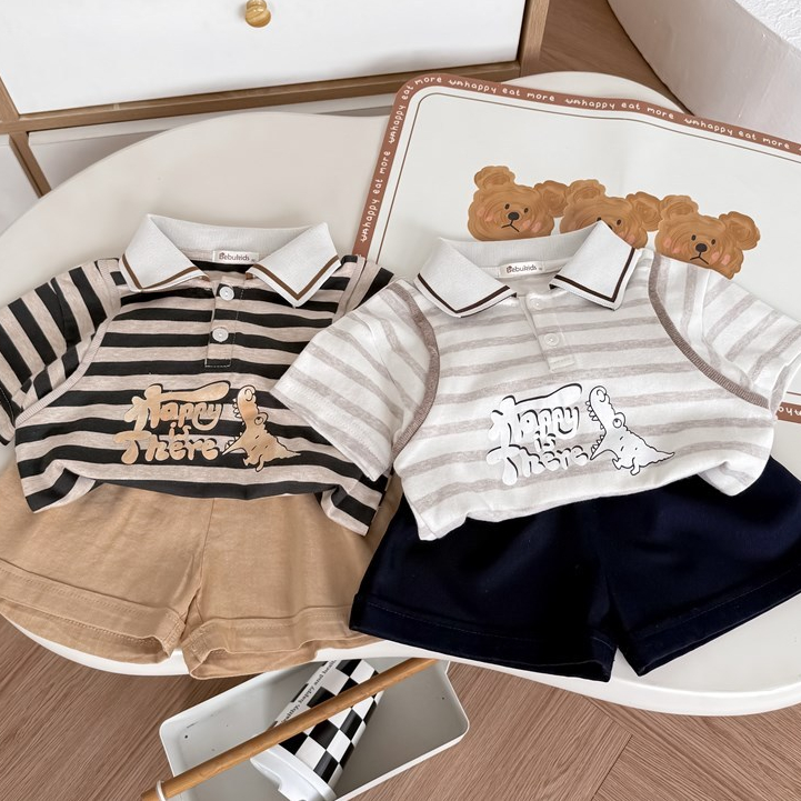 Set bộ polo cộc tay bé trai Miniumbaby in hình thú chibi dễ thương, chất cotton mềm, co giãn SB2601