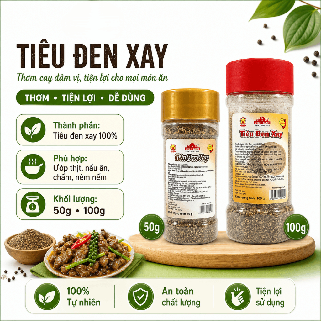 Tiêu Đen Xay Việt San 50g/100g  - Tiêu Xay 100% Nguyên Chất Thơm Nồng Cay Tê Tẩm Ướp Nấu Ăn Đa Năng