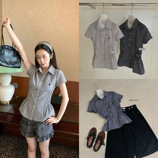 𝐏𝐡𝐢𝐞𝐧 𝐖𝐆𝐖𝐄 | (Sẵn) w9476 Áo Sơ Mi Kẻ Caro Cộc Tay Hình Thêu Ngựa Nhún Chun Co dãn Eo