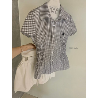 𝐏𝐡𝐢𝐞𝐧 𝐖𝐆𝐖𝐄 | (Sẵn) w9476 Áo Sơ Mi Kẻ Caro Cộc Tay Hình Thêu Ngựa Nhún Chun Co dãn Eo