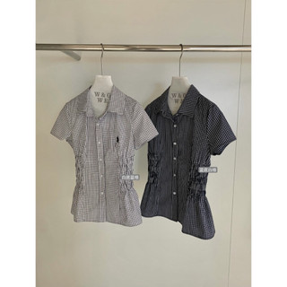 𝐏𝐡𝐢𝐞𝐧 𝐖𝐆𝐖𝐄 | (Sẵn) w9476 Áo Sơ Mi Kẻ Caro Cộc Tay Hình Thêu Ngựa Nhún Chun Co dãn Eo