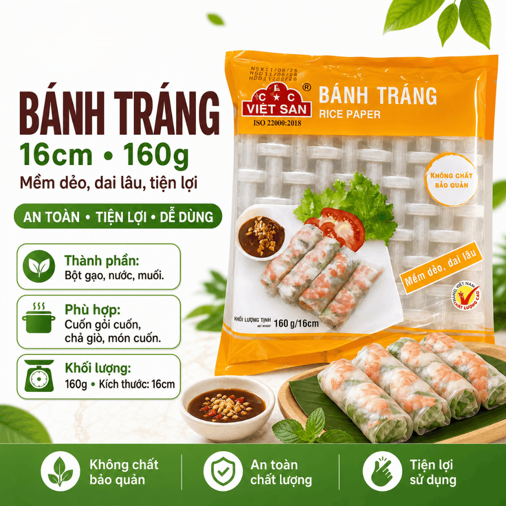 Bánh Tráng Trắng Việt San 15cm 100g - Bánh Tráng Gỏi Cuốn Chả Giò Nem Rán Dai Mềm
