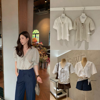 𝐏𝐡𝐢𝐞𝐧 𝐖𝐆𝐖𝐄 | (Sẵn) w9712 Áo Kiểu Tay Bồng Lỡ Cổ V Bèo Chất Linen