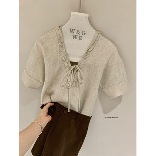𝐏𝐡𝐢𝐞𝐧 𝐖𝐆𝐖𝐄 | (Sẵn) w9712 Áo Kiểu Tay Bồng Lỡ Cổ V Bèo Chất Linen