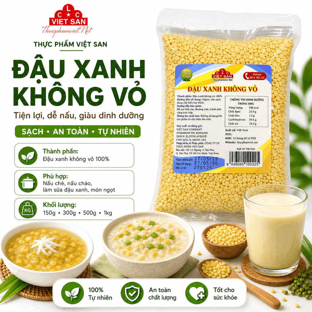 Đậu Xanh Không Vỏ Việt San 150g/300g/500g - Hạt Vàng Chắc Mẩy, Nấu Chè, Làm Nhân Bánh Tiện Lợi