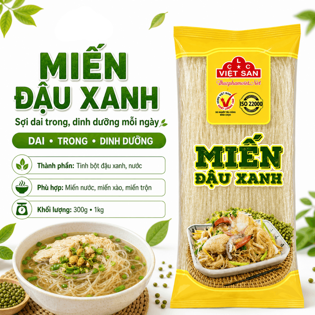 Miến Đậu Xanh Việt San 300g - Sợi Trong Suốt Dai Ngon Thanh Nhiệt Tốt Cho Sức Khỏe