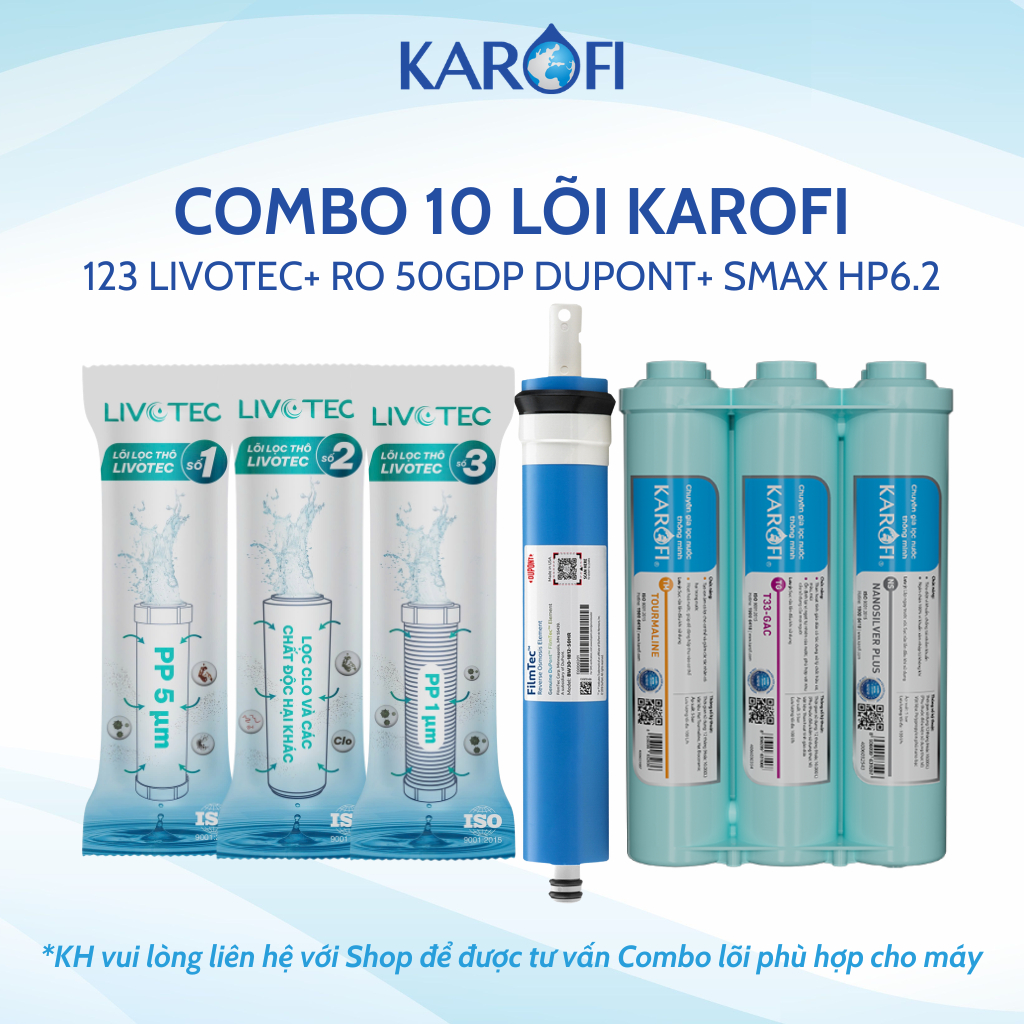 Bộ 10 lõi lọc nước Karofi chính hãng gồm bộ lọc thô 123 Livotec, RO 50GPD Dupont và bộ HP6.2