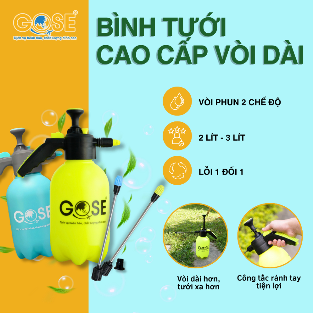 Bình tưới cây màu lam, có vòi dài phun sương phun nước GOSE cao cấp 2L/3L có khóa tự động
