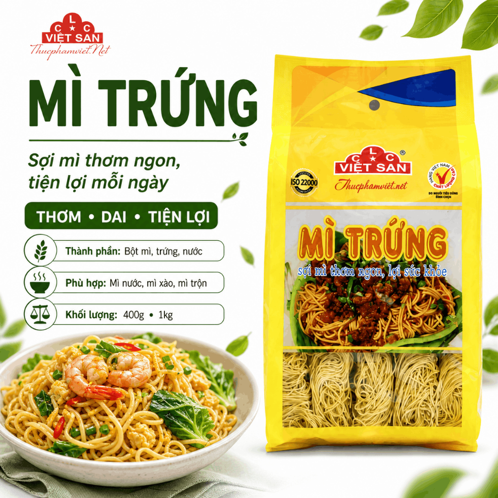 Mì Trứng Vắt Việt San 400g - Sợi Tròn Nhỏ Dai Ngon Nấu Mì Nước Xào Hải Sản Tiện Lợi Cho Gia Đình