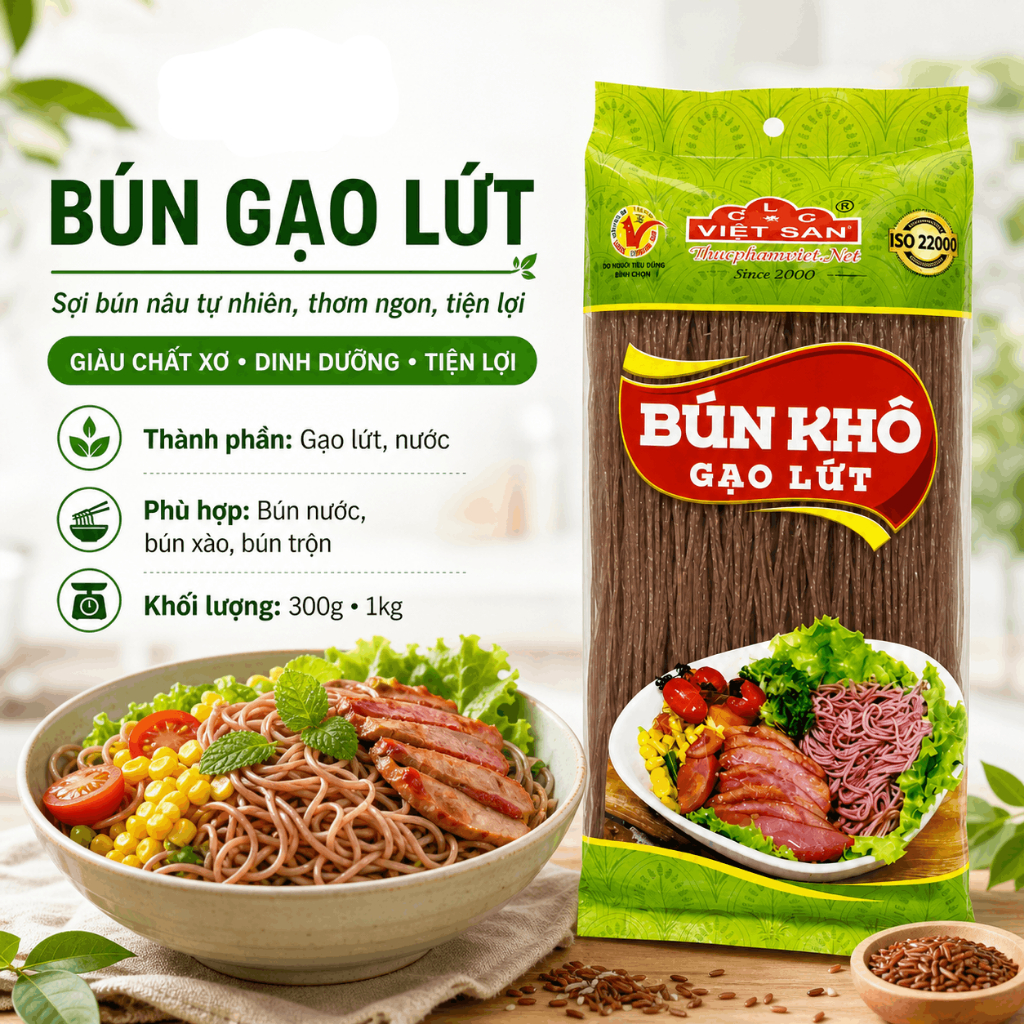 Bún Gạo Lứt Đỏ Việt San 300G/1KG - Bún Khô Eat Clean Giàu Chất Xơ, Sợi Dai Ngon Cho Người Ăn Kiêng