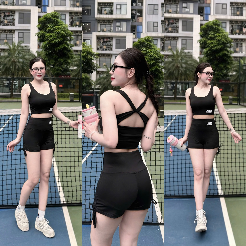 Bộ thể thao nữ quần đùi rút sườn mix áo bra MTR chất thun, tập yoga, gym, dân vũ, zumba, aerobic...