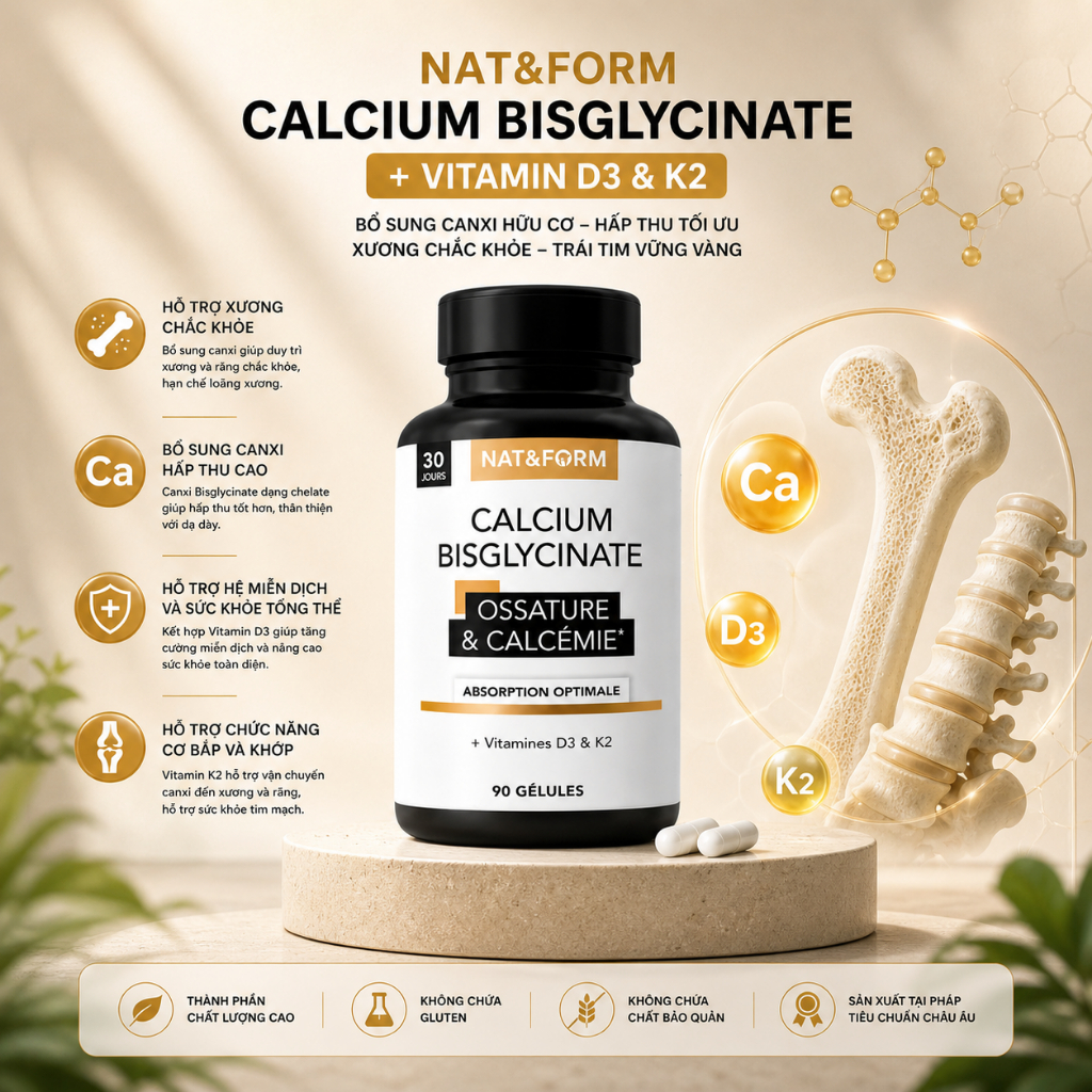 Thực Phẩm Bảo Vệ Sức Khỏe Calcium Bisglycinate + Vitamin D3&K2 Của Nat&Form