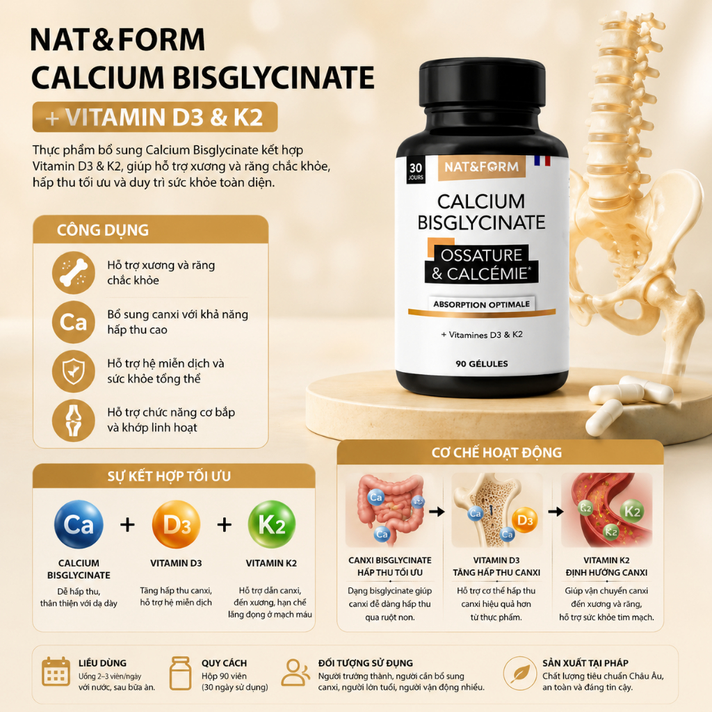 Thực Phẩm Bảo Vệ Sức Khỏe Calcium Bisglycinate + Vitamin D3&K2 Của Nat&Form