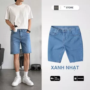Quần short jean nam TM Store xanh nhạt, vải Denim Cotton dày dặn mặc đi làm đi chơi