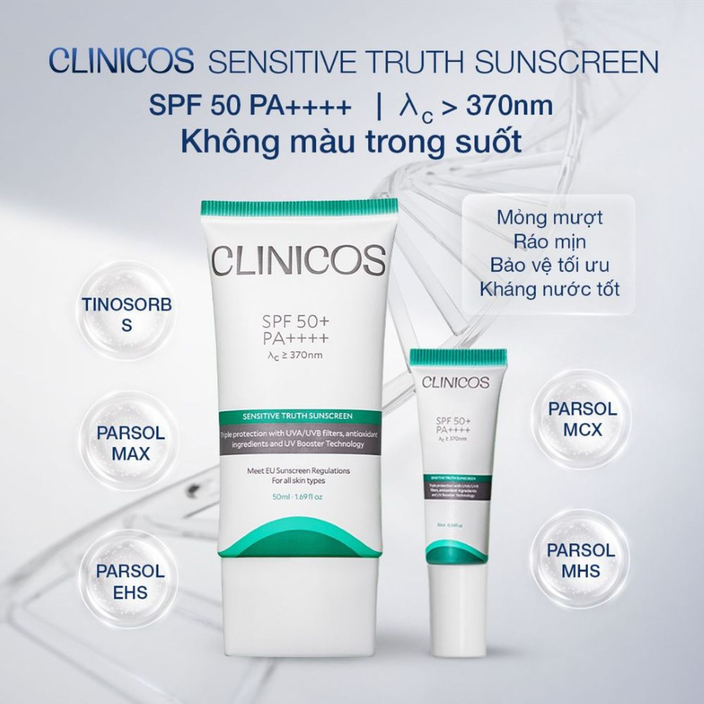 Kem Chống Nắng Clinicos Tone - Up Truth Sunscreen Nâng Tone và Sentitive Truth Sunscreen SPF 50+ PA++++ 50ml